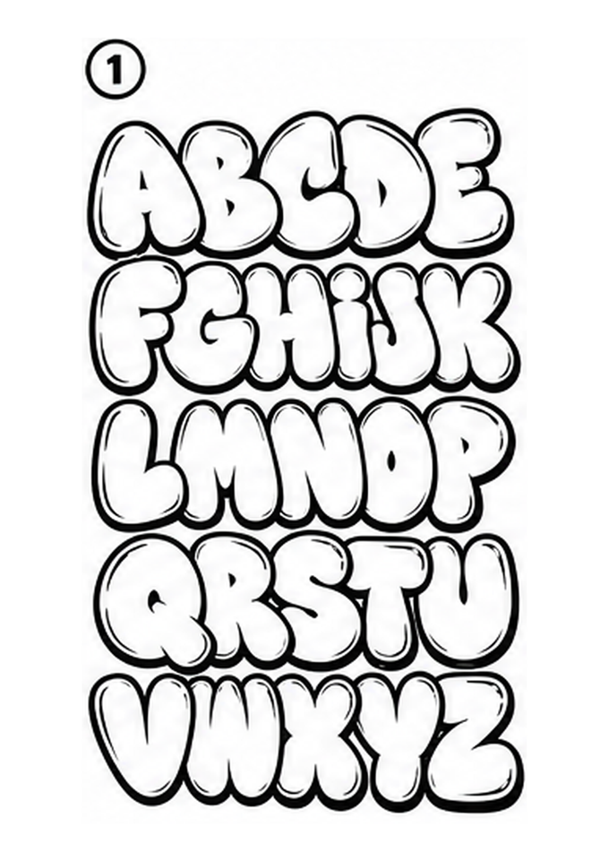 Coloriage alphabet graffiti bubble à imprimer - alphabet A à Z en noir et blanc