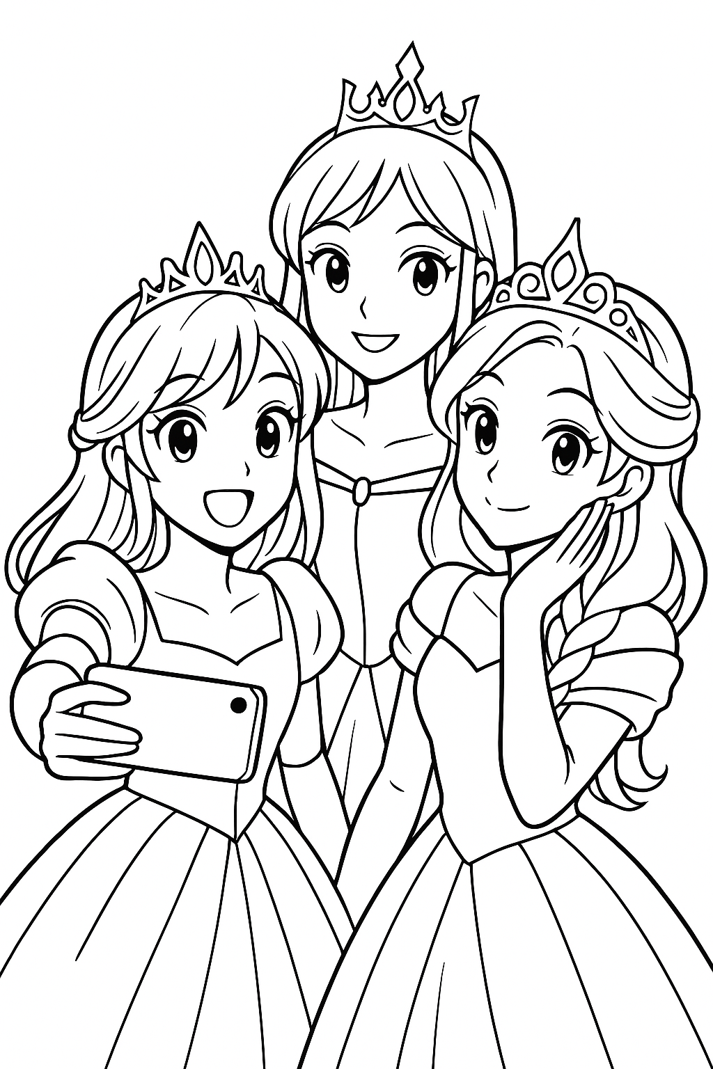 Coloriage de trois princesses manga avec des couronnes et des robes prenant un selfie ensemble à imprimer gratuitement