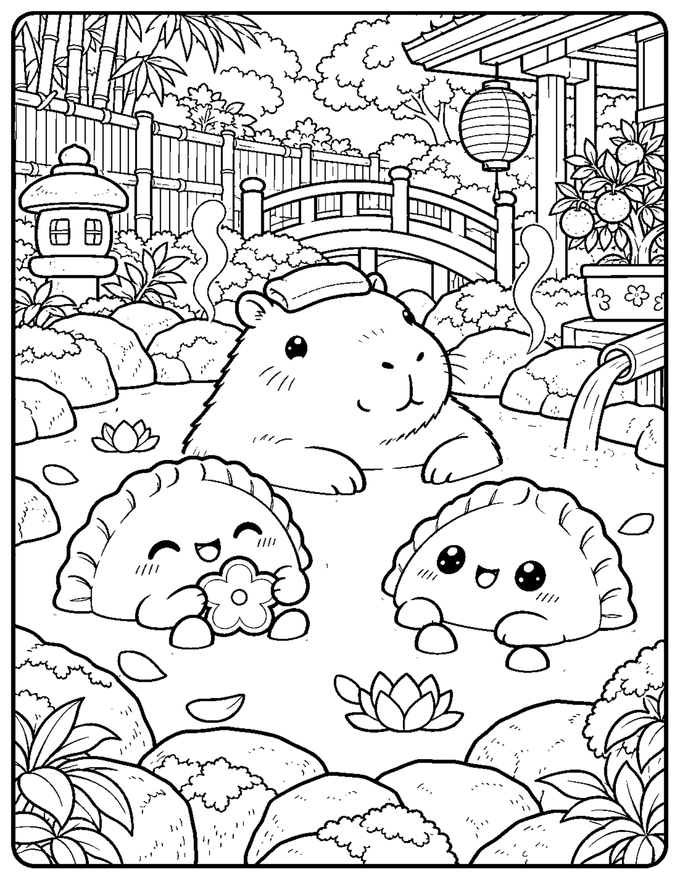 Deux squishy dumplings se détendent avec un capybara dans un bain extérieur