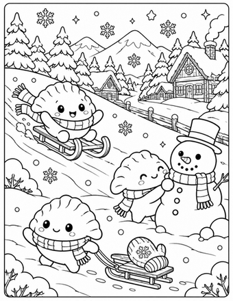 A winter dumpling visits a snowy village with a sled, cabins, pine trees, and a snowman.