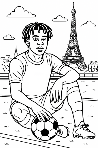 Désiré Doué sits with a ball near the Eiffel Tower and Paris rooftops.