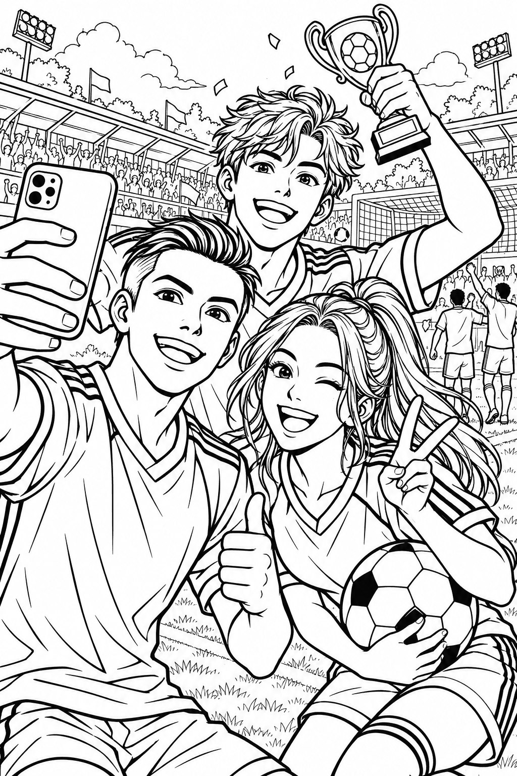 Tres amigos futbolistas se hacen un selfie después del partido con un balón y un trofeo