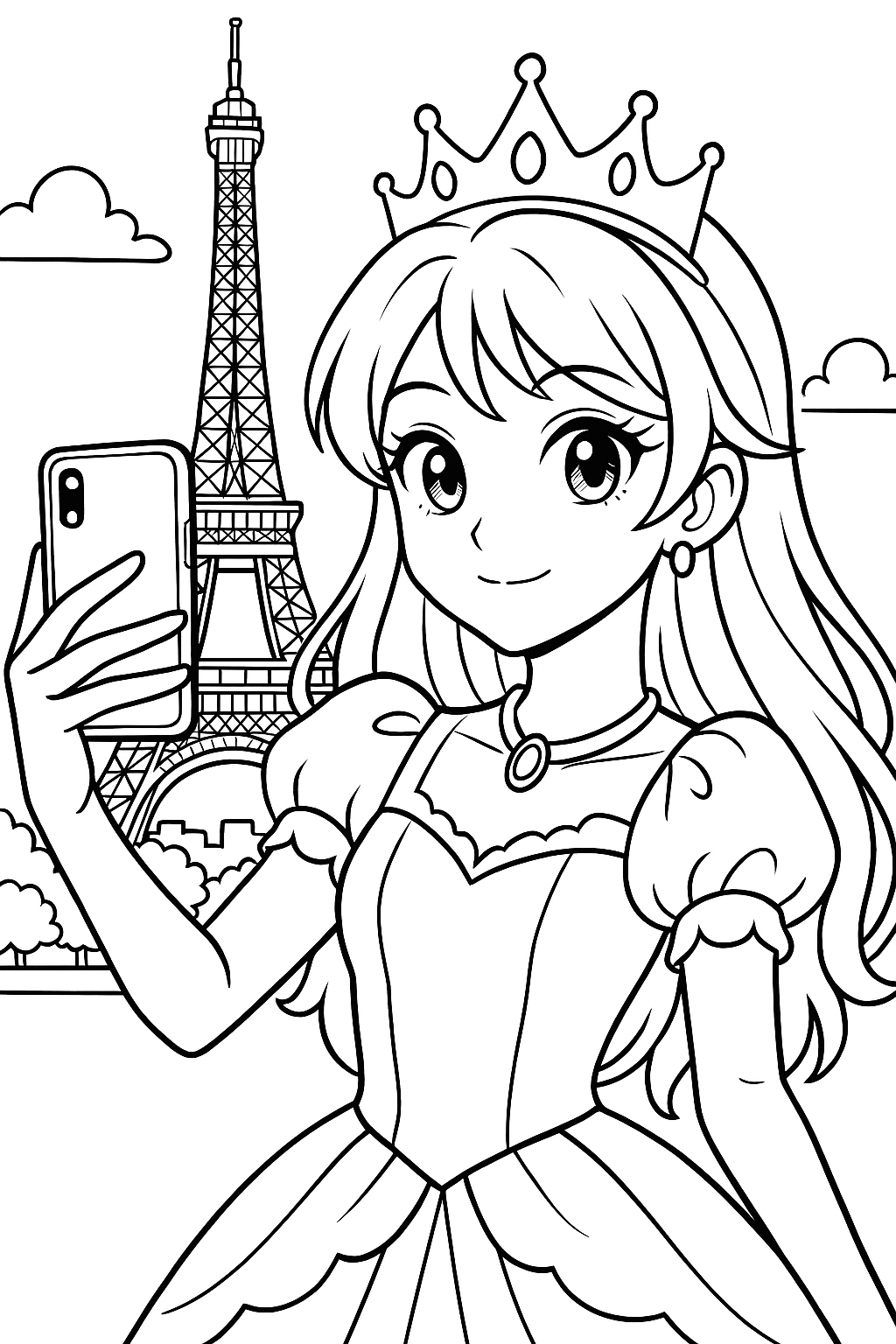 Coloriage d’une princesse manga aux cheveux longs avec une couronne et un pendentif prenant un selfie devant la tour Eiffel à imprimer gratuitement