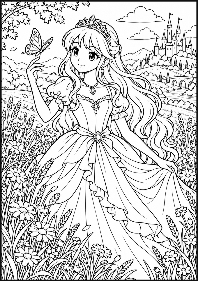 Une princesse manga observe un papillon au milieu des fleurs et des épis de blé