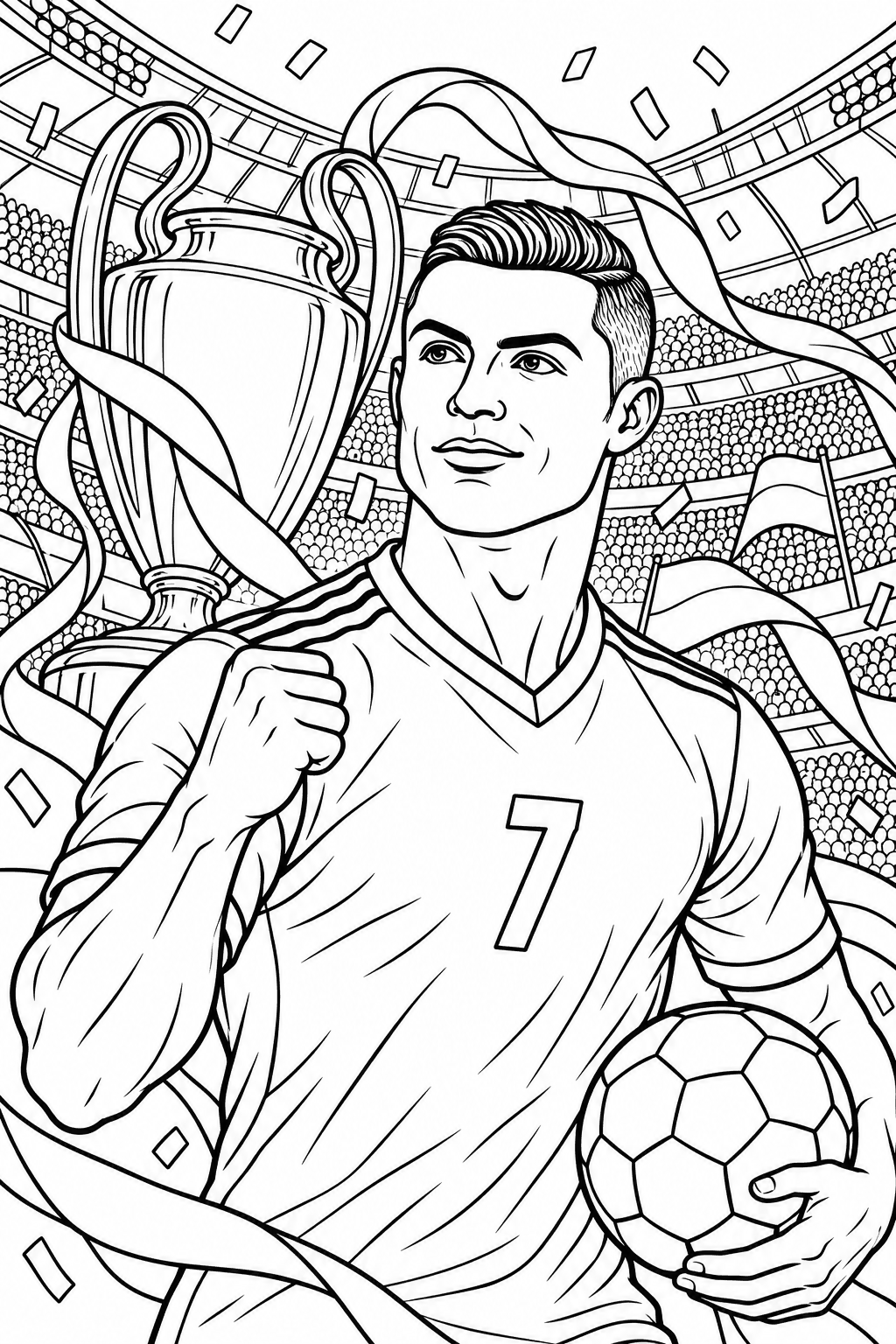 Cristiano Ronaldo aparece en un retrato de campeón con balón y trofeo