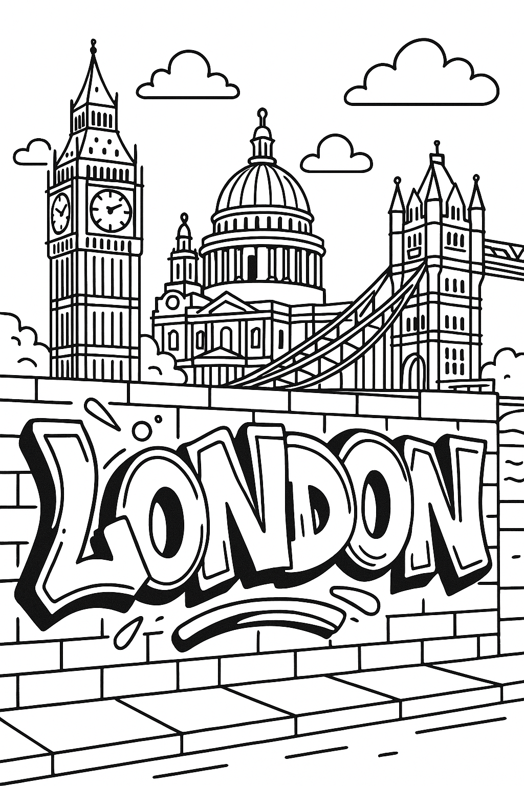 Coloriage du graffiti LONDON sur un mur avec Big Ben, un dôme et un pont à tours dans le décor de Londres à imprimer gratuitement