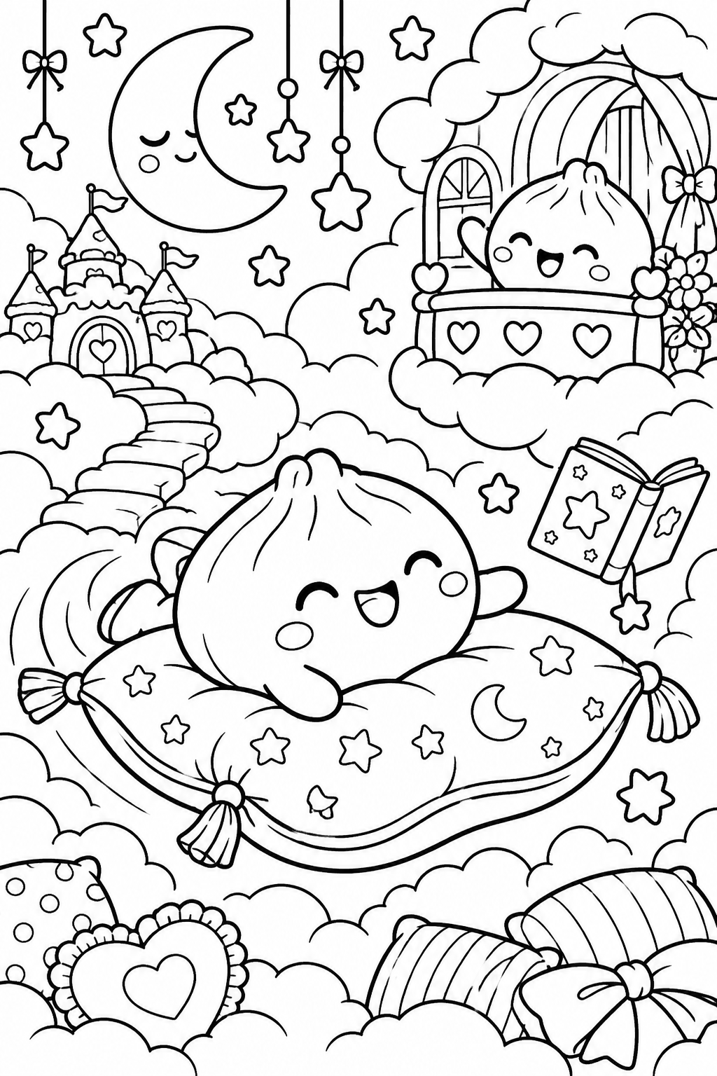 Un dumpling sueña sobre una gran almohada entre las nubes