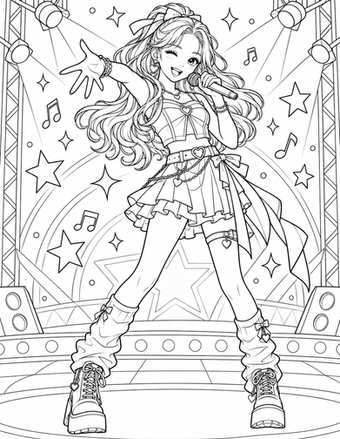 An original K-pop girl idol sings into a microphone beneath stage lights, stars, and musical notes.