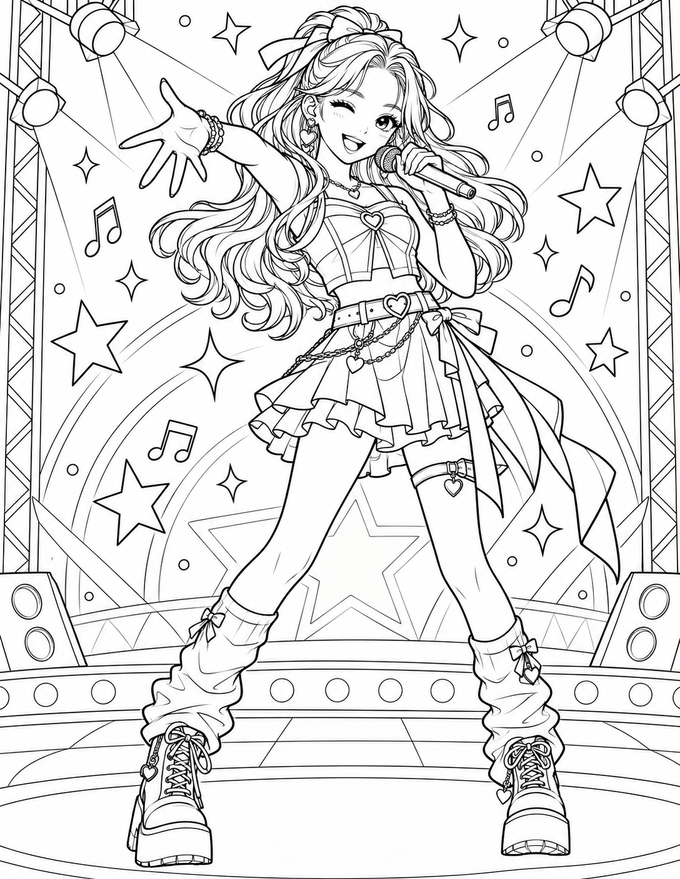 Coloriage d’une idole K Pop qui chante au micro sur une scène éclairée, entourée d’étoiles et de notes de musique