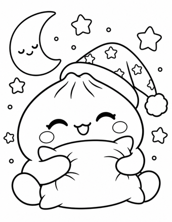 A dumpling in a nightcap hugs a fluffy pillow beneath the moon and stars.