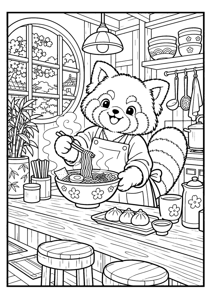 Coloriage animal cozy : panda roux avec bol de ramen dans un décor chaleureux