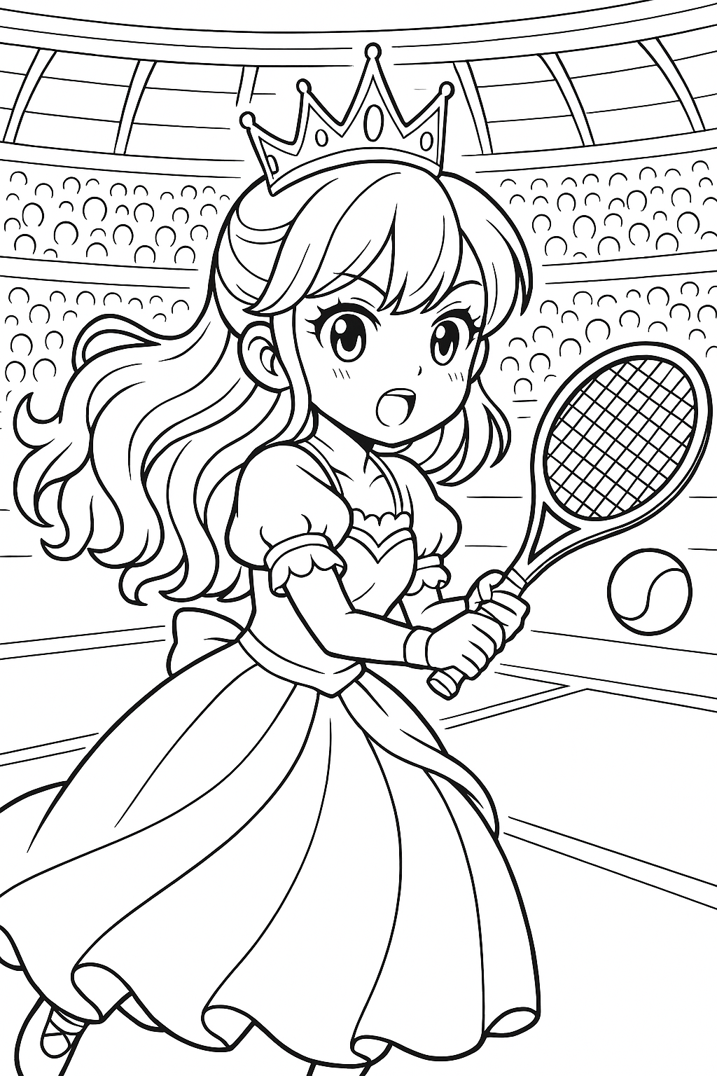 Coloriage d’une princesse manga couronnée avec une raquette et une balle de tennis dans un stade rempli de spectateurs à imprimer gratuitement