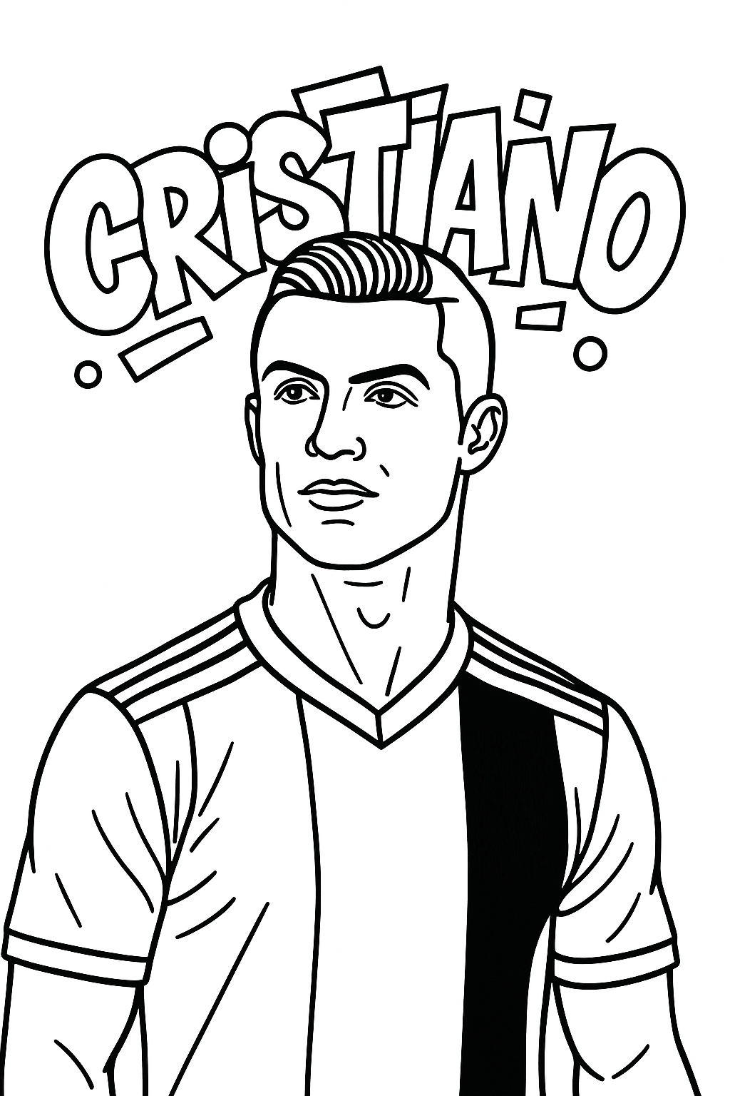 Coloriage du portrait de Cristiano Ronaldo portant un maillot à rayures sous le lettrage CRISTIANO à imprimer gratuitement