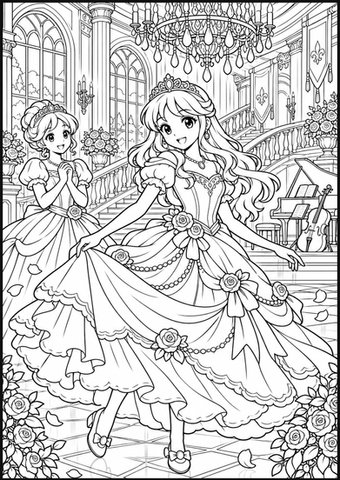 Elegant princesses attend a grand royal ball sparkling with stars and decorations.