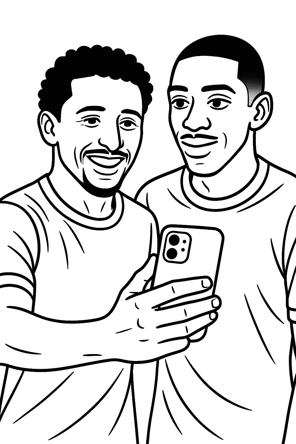 Coloriage de Marquinhos et Ousmane Dembélé souriants prenant un selfie avec un téléphone à imprimer gratuitement
