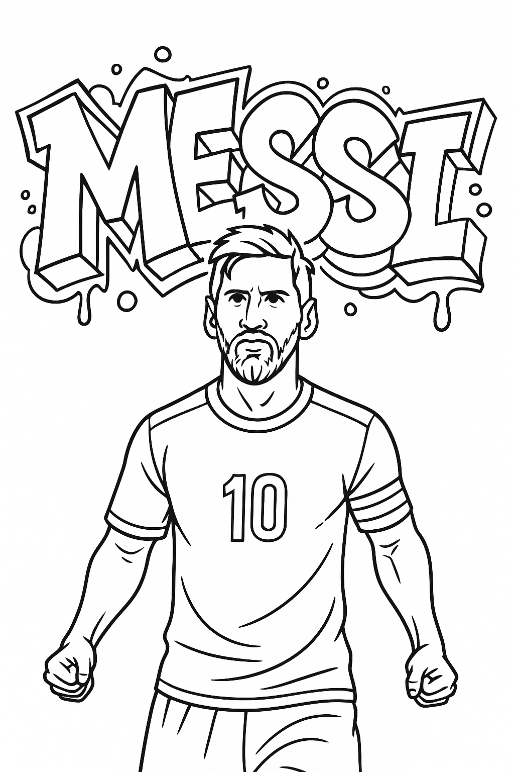 Coloriage de Lionel Messi avec un maillot numéro 10 et un brassard devant le graffiti MESSI à imprimer gratuitement
