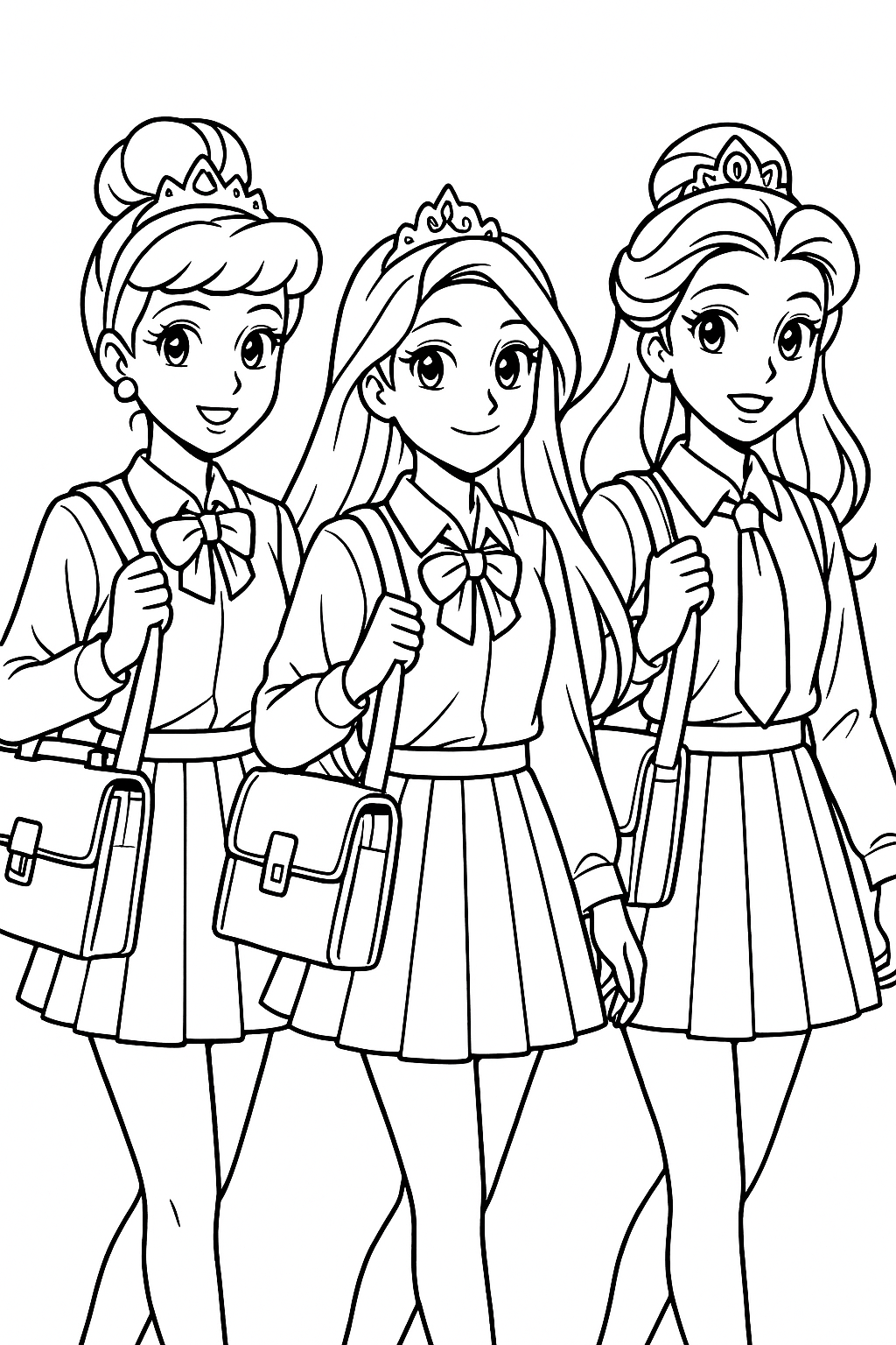 Coloriage de trois princesses manga en uniforme scolaire avec des sacs, des jupes plissées et des couronnes à imprimer gratuitement