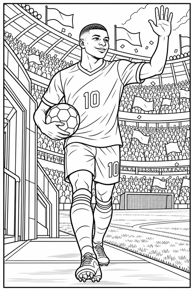 Ausmalbild zum Ausdrucken: Kylian Mbappé betritt das Stadion, schwarz-weiße PNG-Vorlage