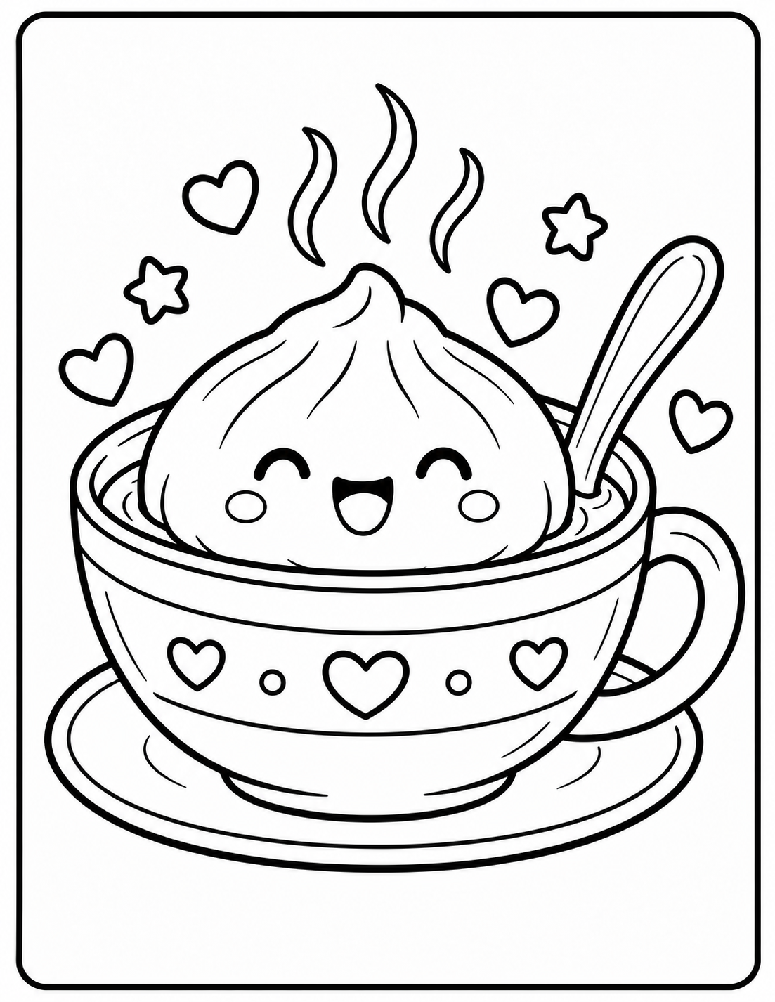 Coloriage d’un squishy dumpling kawaii dans une tasse à imprimer gratuitement