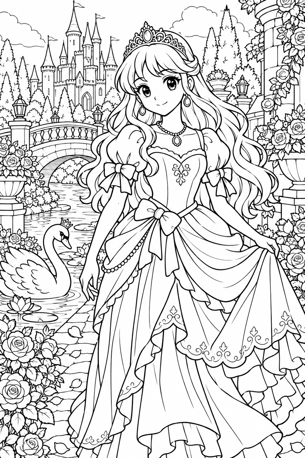 Una princesa manga camina por los jardines de un castillo con muchas torres