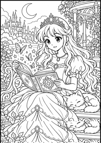 A manga princess reads an enchanted book beneath the moon and stars.