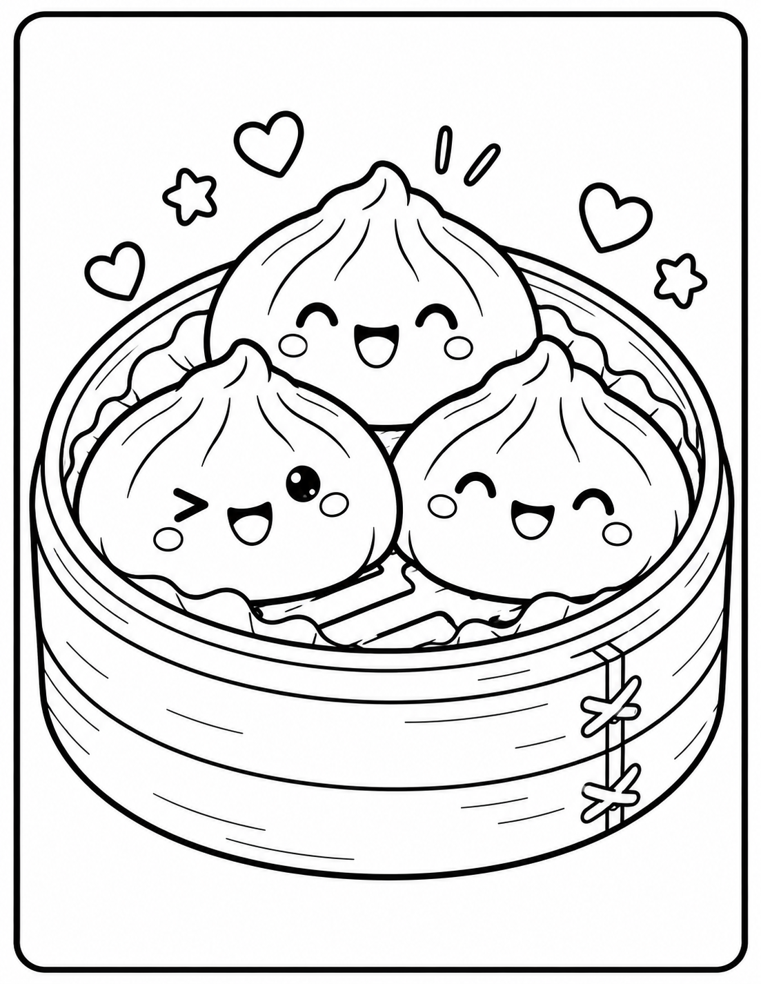 Coloriage de trois squishy dumplings kawaii dans un panier vapeur à imprimer gratuitement