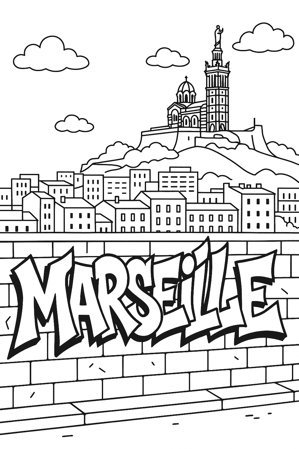 Coloriage du graffiti MARSEILLE sur un mur de briques devant les immeubles de la ville et une basilique sur une colline à imprimer gratuitement