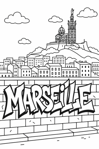 MARSEILLE graffiti stands before city buildings and a basilica on a hill.