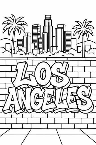 Coloriage du graffiti LOS ANGELES sur un mur de briques devant des palmiers et des immeubles