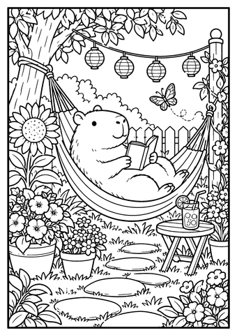 A peaceful capybara rests in a hammock surrounded by lush garden plants and flowers.