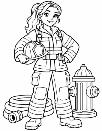A confident female firefighter stands with her helmet, protective uniform, hose, and hydrant.