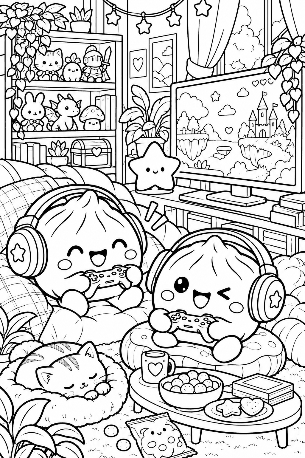 Dos dumplings juegan en una acogedora habitación gamer
