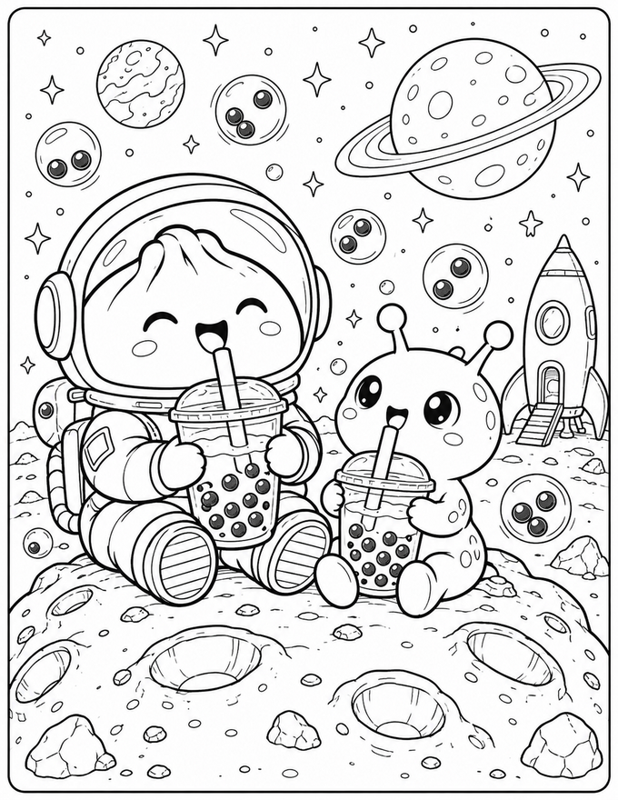Coloriage squishy astronaute et alien buvant des bubble tea sur la Lune avec une fusée et des planètes