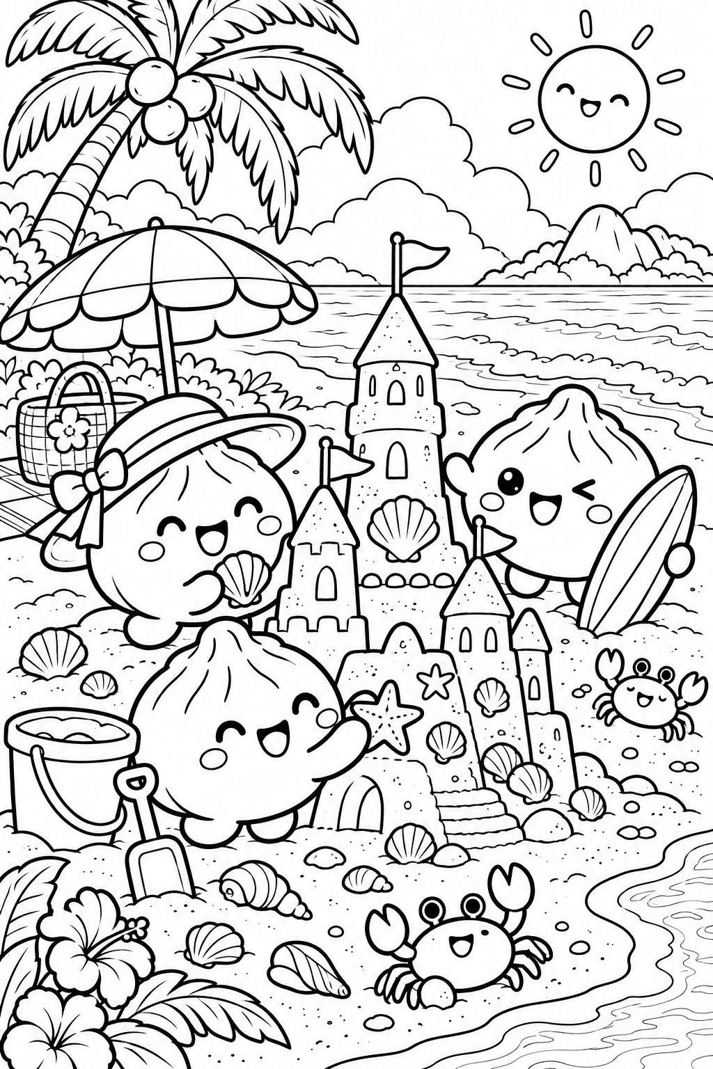 Tres dumplings construyen un castillo de arena junto al mar