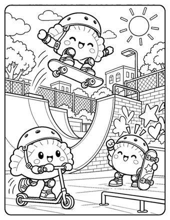 A sporty dumpling has fun on ramps with a skateboard, scooter, helmet, and tricks.