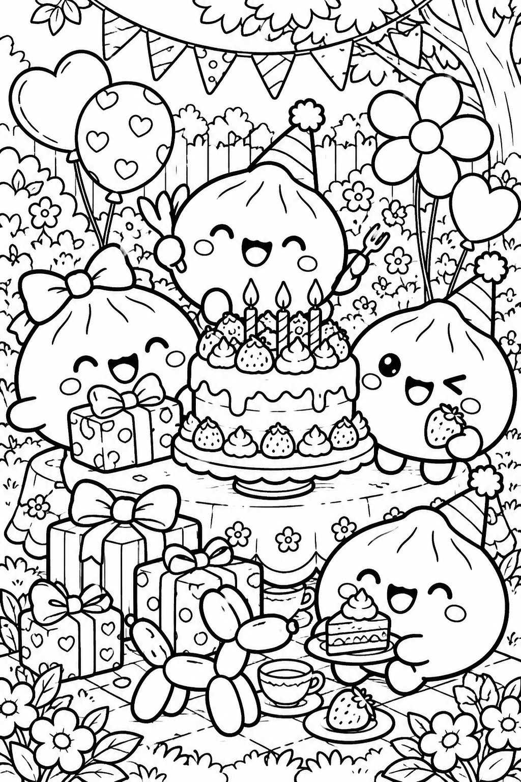 Cuatro dumplings celebran un cumpleaños alrededor de una tarta decorada