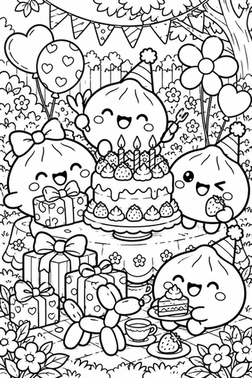 Cuatro dumplings celebran un cumpleaños alrededor de una tarta decorada