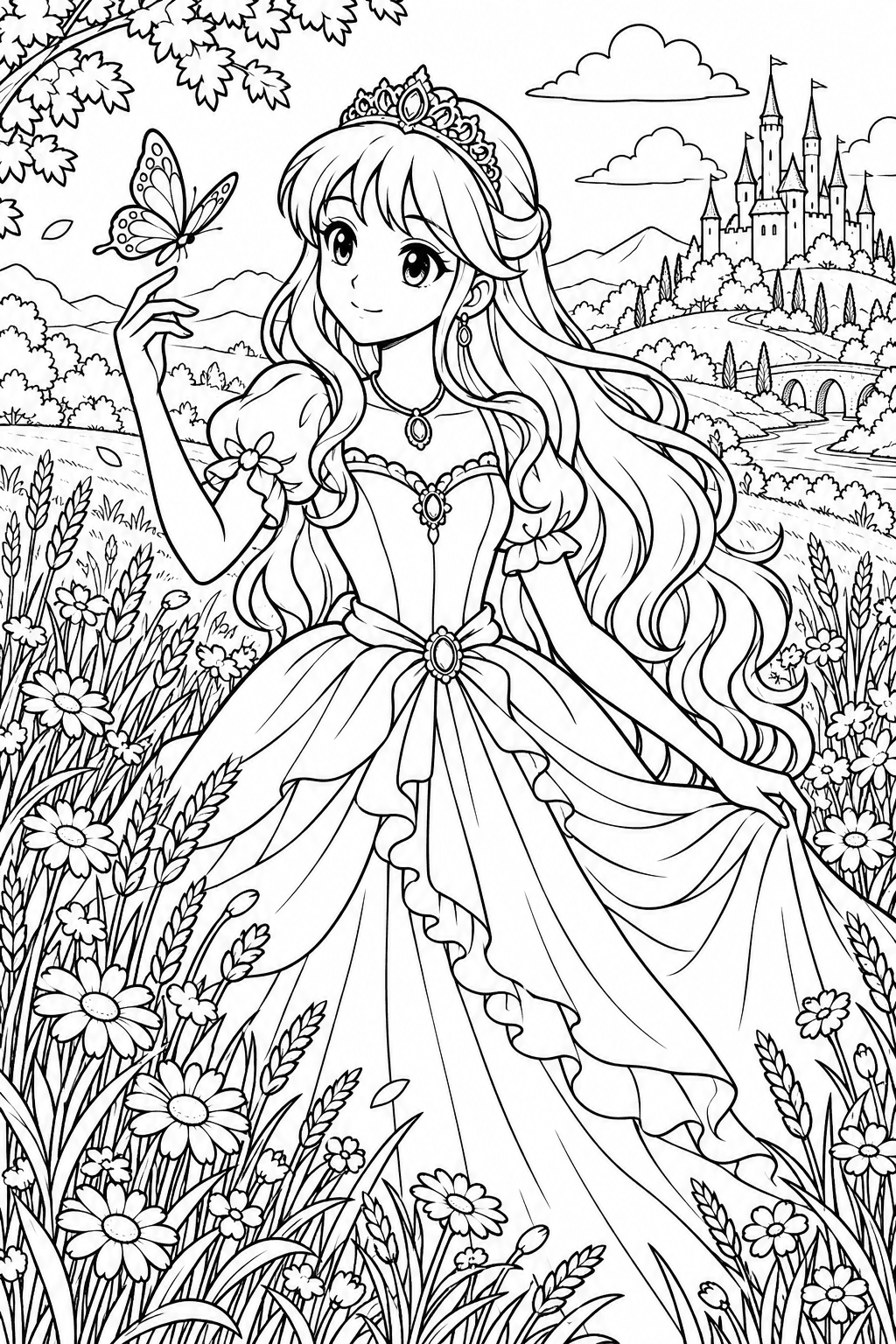 Una princesa manga observa una mariposa entre flores y espigas de trigo