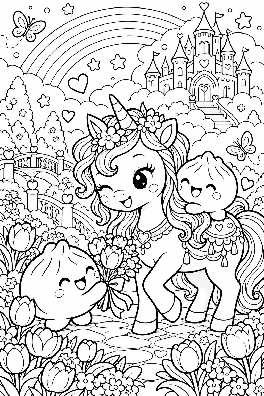 Unos dumplings conocen a un unicornio entre flores y un arcoíris