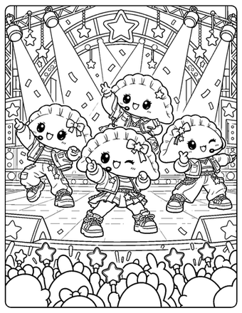 A group of cute dumplings sing and dance on a K-pop stage beneath lights and stars.