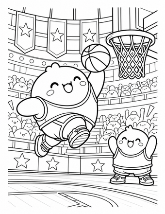 A happy squishy basketball star leaps toward the hoop while a little teammate cheers in a packed arena. Download this original black-and-white coloring page and print it at home.