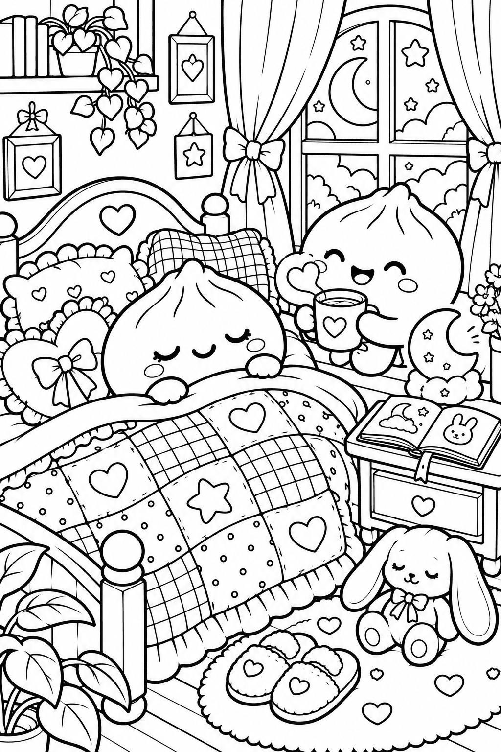 Un pequeño dumpling se duerme bajo una manta estampada en un dormitorio acogedor