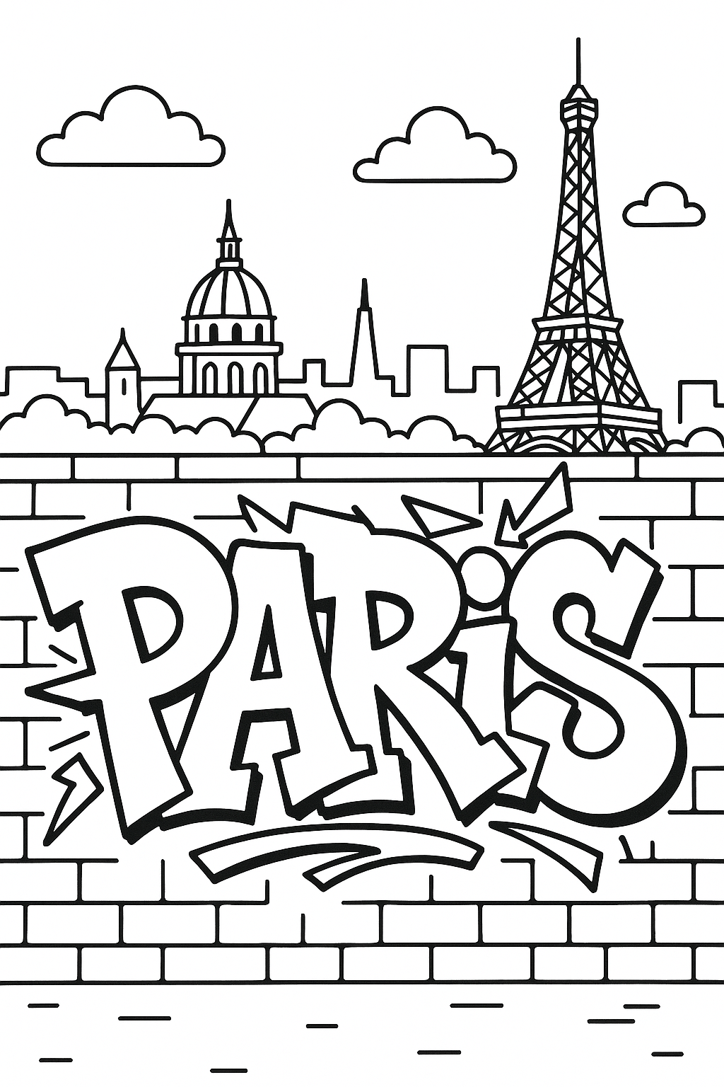 Coloriage du graffiti PARIS sur un mur de briques avec la tour Eiffel, un dôme et les toits de Paris en arrière-plan à imprimer gratuitement