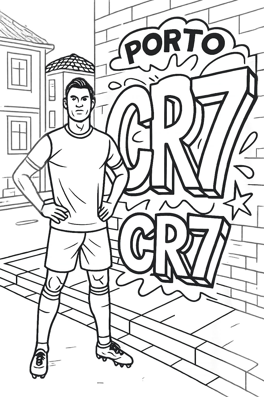 Coloriage de Cristiano Ronaldo en tenue de football devant les lettres PORTO et CR7 dans une rue à imprimer gratuitement