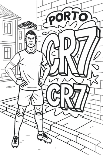Coloriage de Cristiano Ronaldo en tenue de football devant les lettres PORTO et CR7 dans une rue