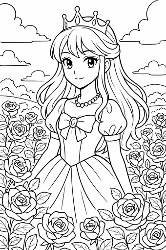 A crowned princess with a necklace poses among blooming roses.