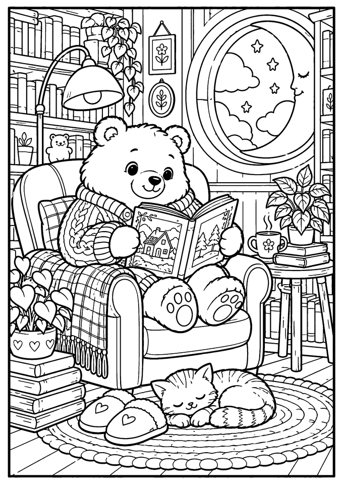 Ausmalbild zum Ausdrucken: Gemütlicher Bär in der Buchhandlung, schwarz-weiße PNG-Vorlage