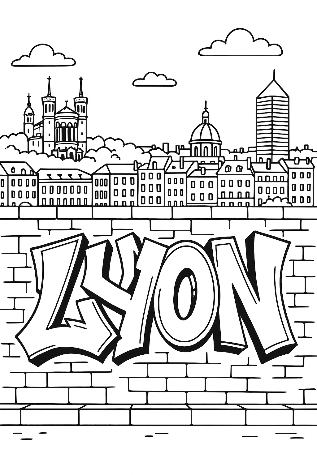 Coloriage du graffiti LYON sur un mur de briques avec des façades, une basilique sur une colline et une tour en arrière-plan à imprimer gratuitement