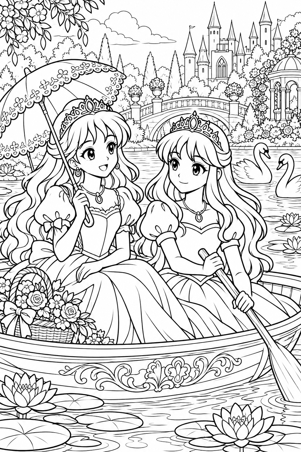 Dos princesas pasean en barca por un lago junto a los jardines reales