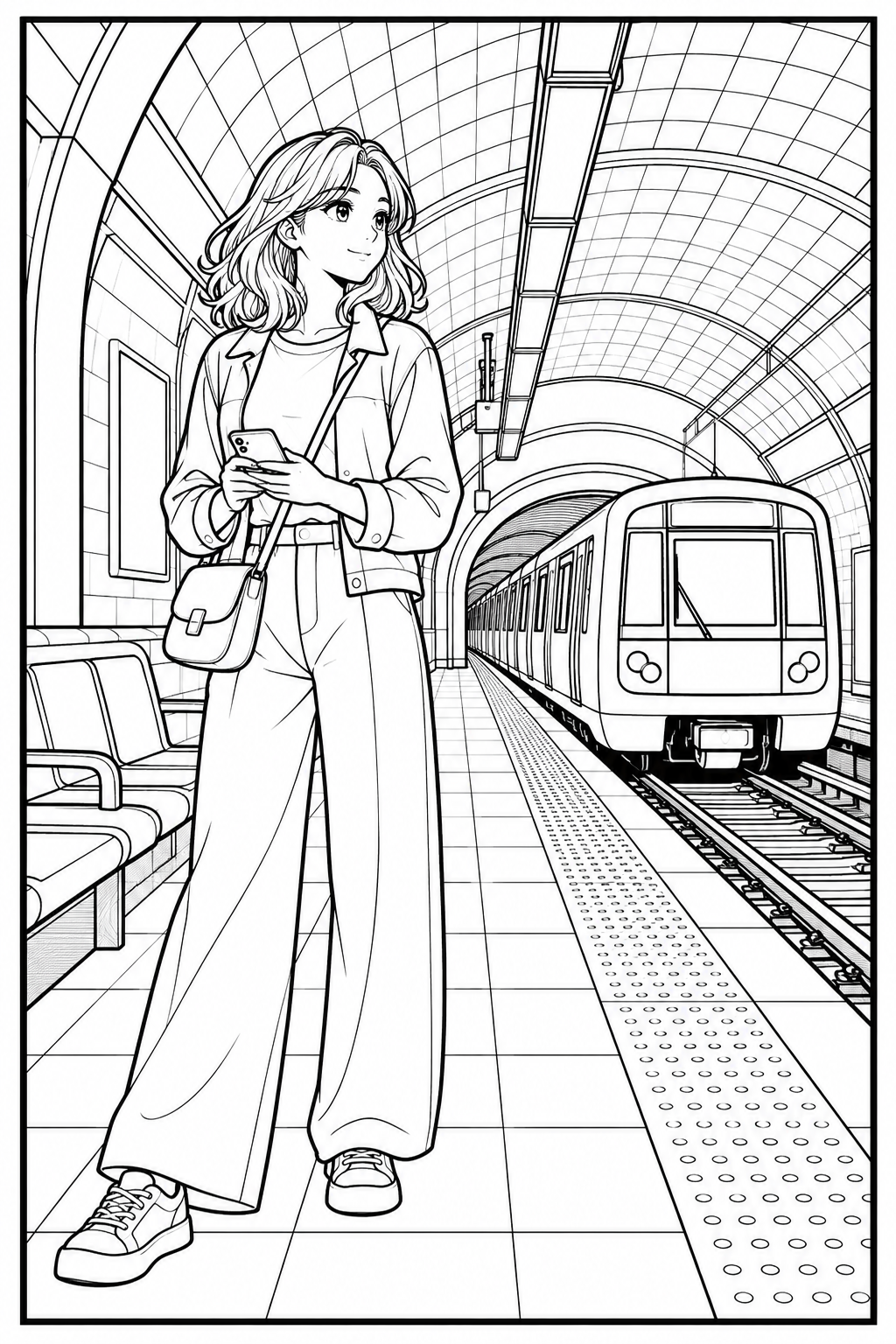 Una joven espera el metro bajo el techo abovedado de una estación.